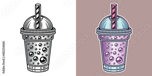 Bubble tea cup set of vector illustration in two styles black on white and colored