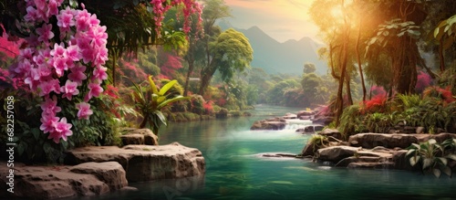 The beautiful summer landscape in Thailand is adorned with colorful flowers, lush green gardens, and tropical plants, creating a stunning wallpaper with a captivating texture that embodies the natural photo