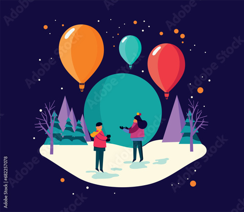flat character at snow illustration new year card template design manually created