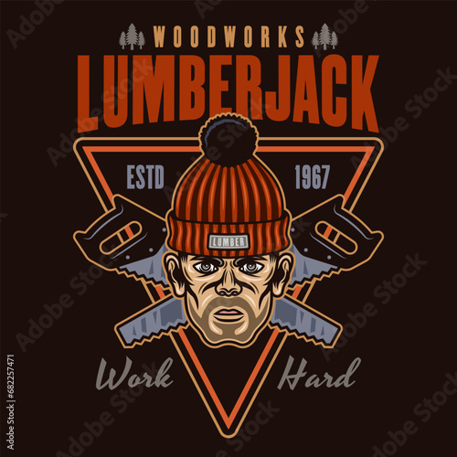 Lumberjack head in knitted hat and saw vector emblem in colored style on dark background