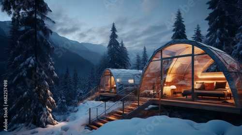 Glamping in the winter mountains. AI Generation