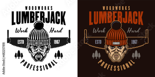 Lumberjack head in knitted hat and saw vector emblem in two styles black on white and colorful