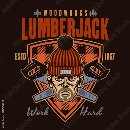 Lumberjack head in knitted hat and saw vector emblem in colored style on dark background