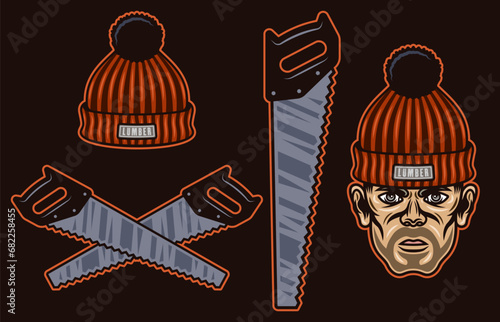 Lumberjack set of vector objects or design elements in colored style on dark background