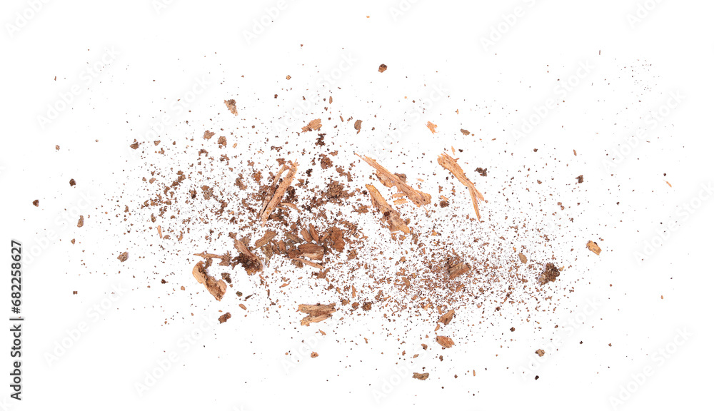 Rotten, old pieces of wood scattered, isolated on white, top view Rotten, old pieces of wood scattered, isolated on white, top view