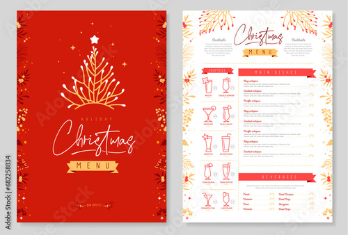 Restaurant Christmas holiday menu design with christmas floral desoration. Vector illustration