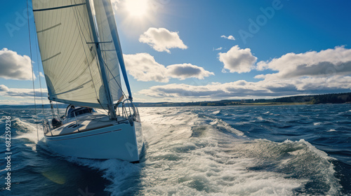 bateau de plaisance à voile pris en photo au ras de l'eau par un temps clair et dégagé en mer proche des côtes photo