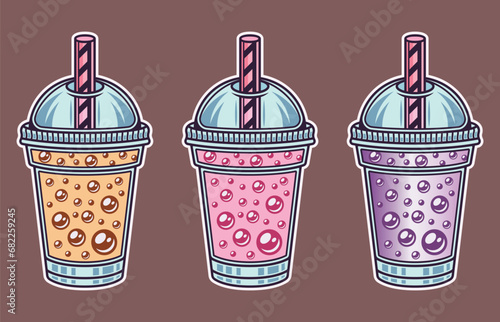 Bubble tea three cups set of vector illustration in colored style on light background