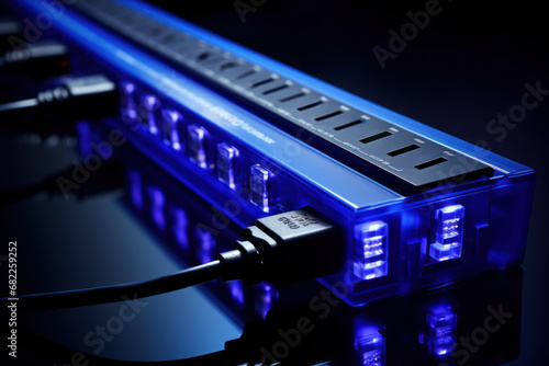 hub de connexion multiple, bandeau d'alimentation sous lumière bleue photo
