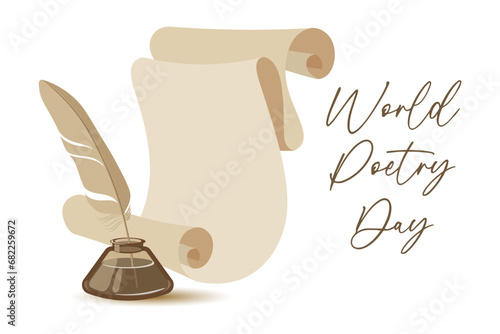 World Poetry Day banner. Parchment roll and inkwell with feather. Illustration, vector