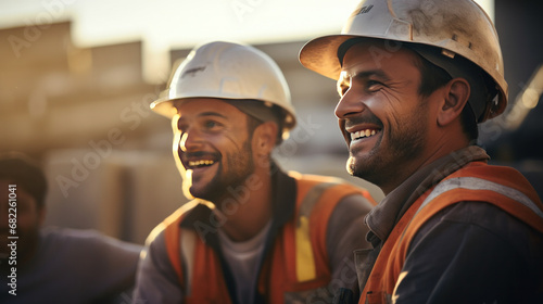 A happy construction workers wearing uniforms on construction site.