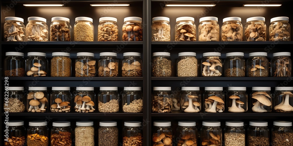 An upscale health food store with a modern, clean design, showcasing a section dedicated to gourmet dried mushrooms in elegantly labeled jars, arranged aesthetically on sleek shelves