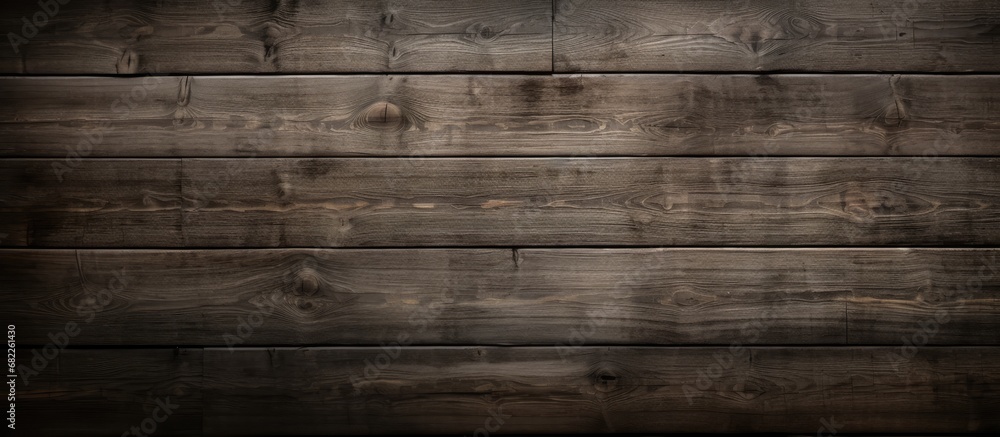 Obraz premium From a distance, the old wooden plank on the wall appeared to have an abstract texture, resembling vintage design with hints of nature, as the light highlighted the black grunge patterns on the worn