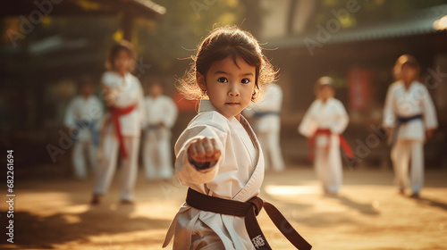 Asian kids karate martial arts or Taekwondo. photo