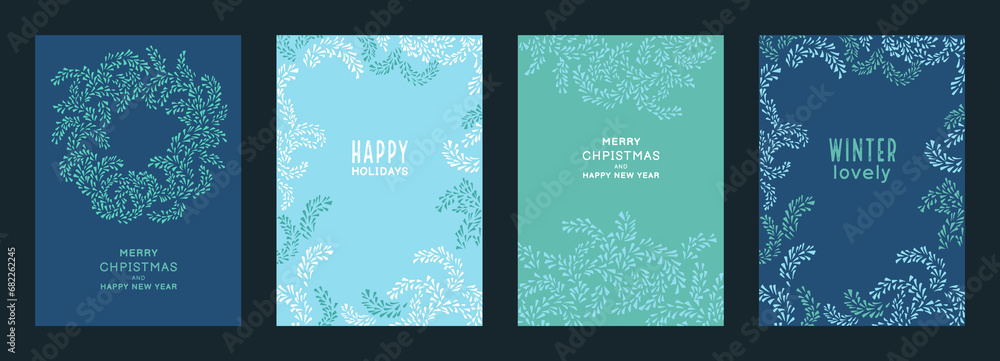 Set of holiday cards with copy space. Winter templates with a Christmas wreath and unique floral frame ornament. Vector hand drawn.