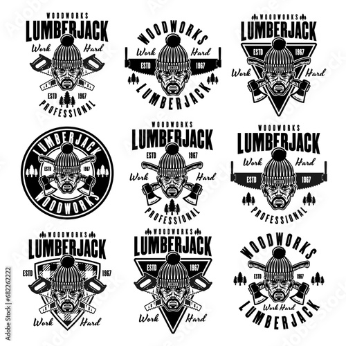 Lumberjack head in knitted hat set of vector emblems in vintage monochrome style isolated on white