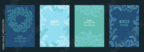 Set of holiday cards with copy space. Winter templates with a Christmas wreath and unique floral frame ornament. Vector hand drawn.