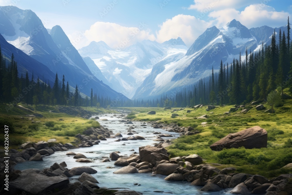 A Serene Mountain Stream Flowing Through Majestic Peaks