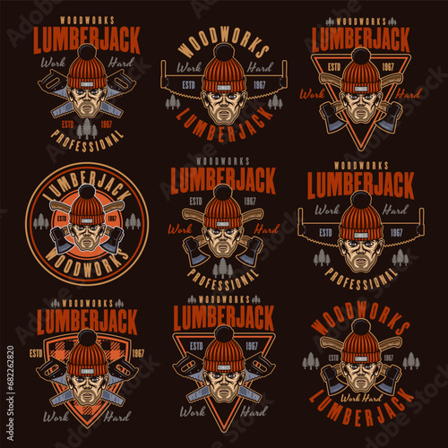 Lumberjack head in knitted hat set of vector emblems in colored style on dark background