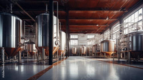 Interior of Brewery or alcohol production factory. Large steel fermentation tanks in spacious hall.
