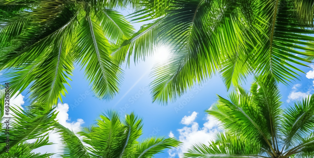 Fototapeta premium Coconut Palm tree with blue sky and sun, beautiful tropical background. Palm trees against blue sky