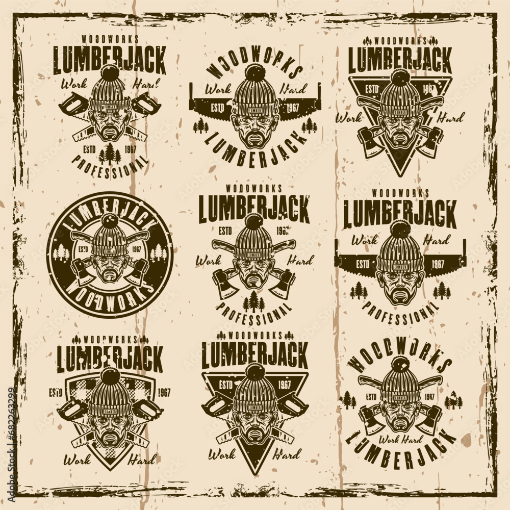 Fototapeta premium Lumberjack set of vector vintage emblems, labels, badges or prints on background with grunge textures