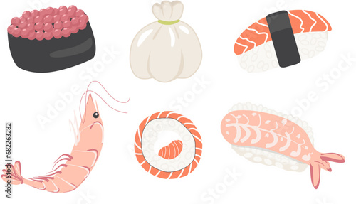 Set of Japanese sushi and rolls, dumplings, flying fish caviar, dim sum, shrimp. Vector illustration in cute cartoon style. 