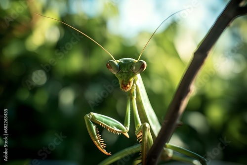 A mantis perched on a stem. appearance of insect in nature. generative AI © yj