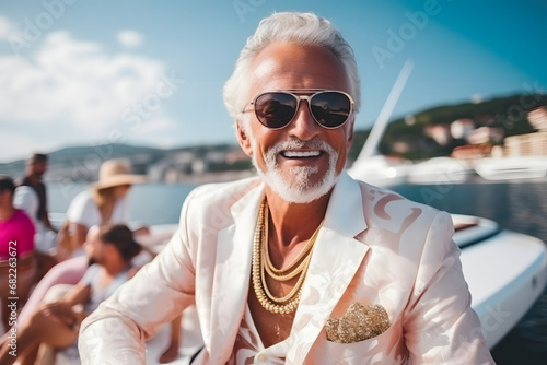 Rich man whit necklace, suit and sunglasses in a yacht photo