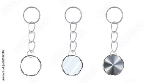 A set of silver or steel keychains in the shape of a circle. Metal key holders isolated on white background. Realistic vector illustration.