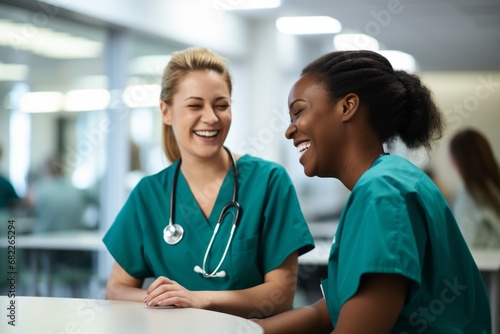Candid shot of two nurses laughing and talking in the hospital