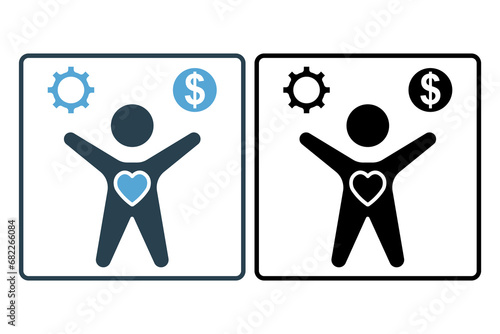 wellbeing icon. human with dollar, heart and gear. solid icon style. simple vector design editable