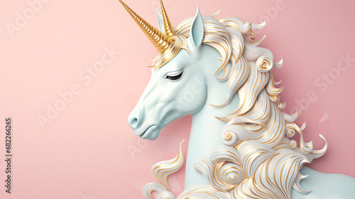 A pearlescent White unicorn with a shiny gold horn
