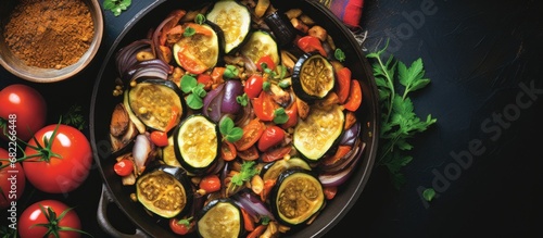 From a top view of the table, a quick and delicious dinner was prepared in a skillet  the aromatic dish of Ratatouille showcased eggplant and other vegetables seasoned with spices and garlic, making © 2rogan