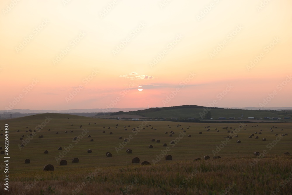 Beautiful view of agricultural field with hay bales at sunset Beautiful view of agricultural field with hay bales at sunset