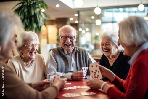 Happy joyful group of seniors playing cards photo