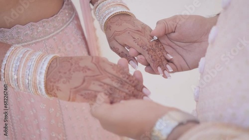 Indian Hindu Couple holding each other hands during their marriage Function. Close up slow motion Video.
