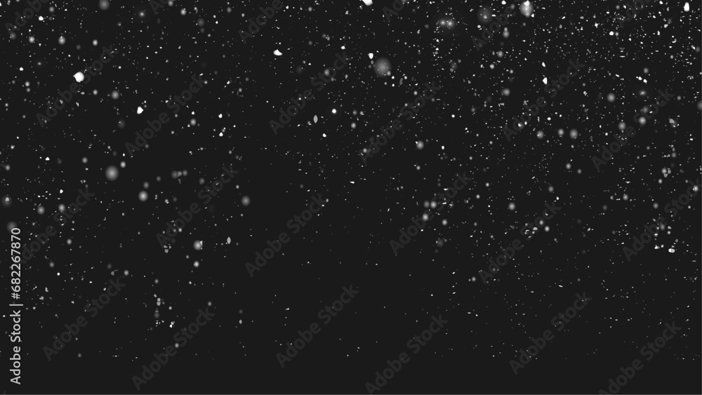 White Snow Falling on Isolated Black Background, Shot of Flying Snowflakes Bokeh, Dust Particles or Powder in the Air. Holiday Overlay Effect - obrazy, fototapety, plakaty 
