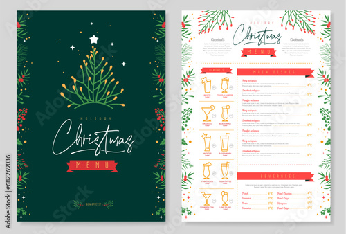 Restaurant Christmas holiday menu design with christmas floral desoration. Vector illustration