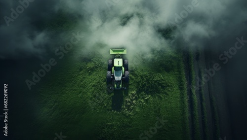 A Serene Scene: A Green Tractor Amidst a Vast Expanse of Verdant Fields
