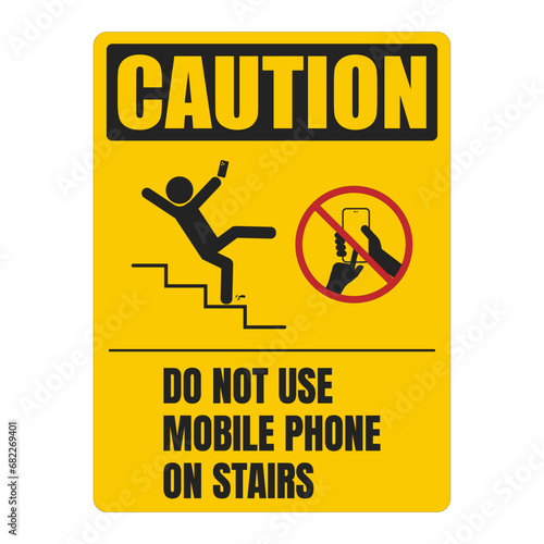 Printable yellow safety sign caution do not use mobile phone on starirs, with stick figure walking down stair with hold or while use hand phone, no phone usage red circle crossed 