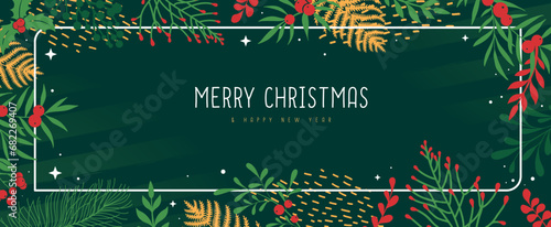 Christmas holiday greeting card or banner with floral desoration. Vector illustration