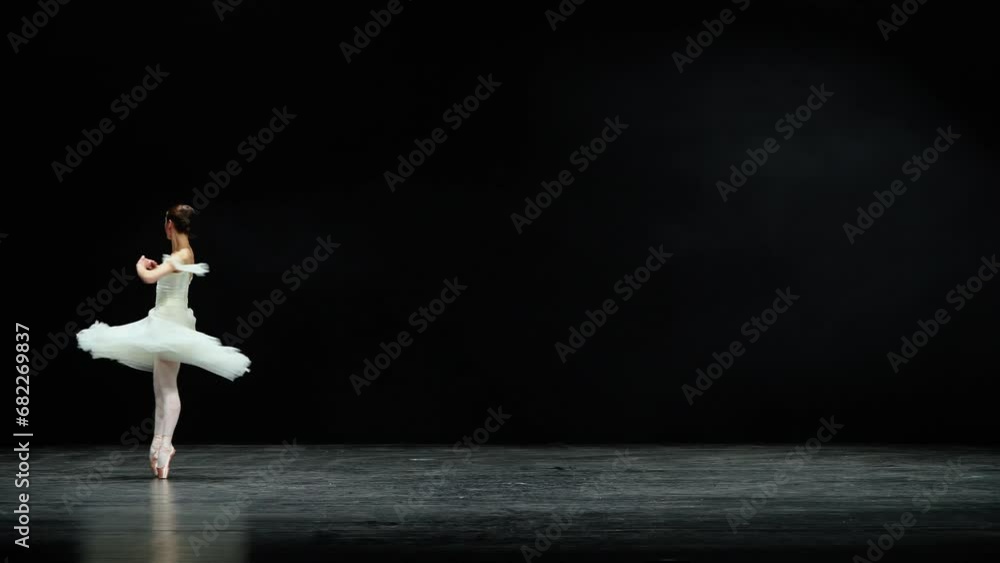 Graceful ballerina in a white tutu dance and perform dramatic choreographic elements on a black background, windy and beautiful dance. Graceful ballerina in a white tutu dance and perform dramatic choreographic elements on a black background, windy and beautiful dance.