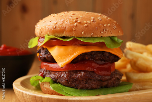 Tasty cheeseburger with patties, sauce and French fries on wooden table, closeup