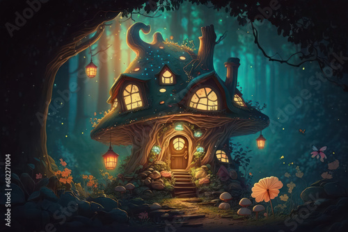 fairy tales house into an enchanted forest at night