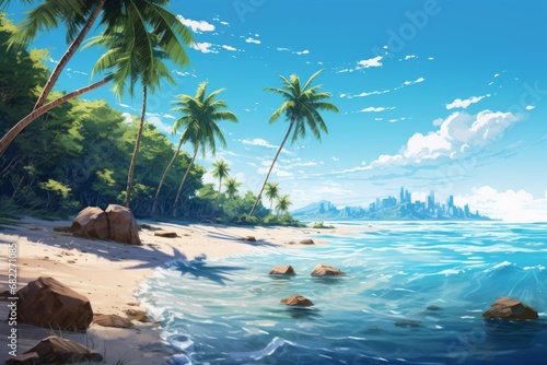 Tropical Paradise  A Serene Painting of Palm Trees and a Stunning Beach