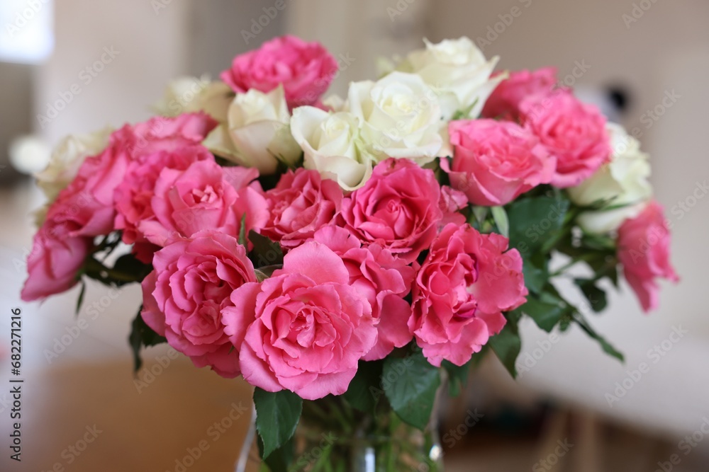 Beautiful bouquet of roses on blurred background, closeup