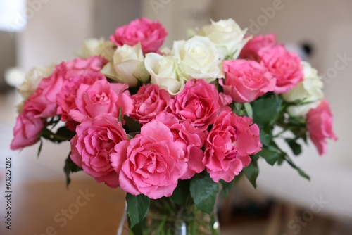 Beautiful bouquet of roses on blurred background  closeup