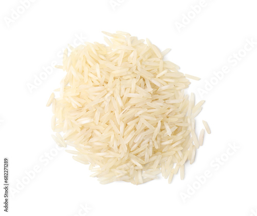 Pile of raw rice isolated on white, top view
