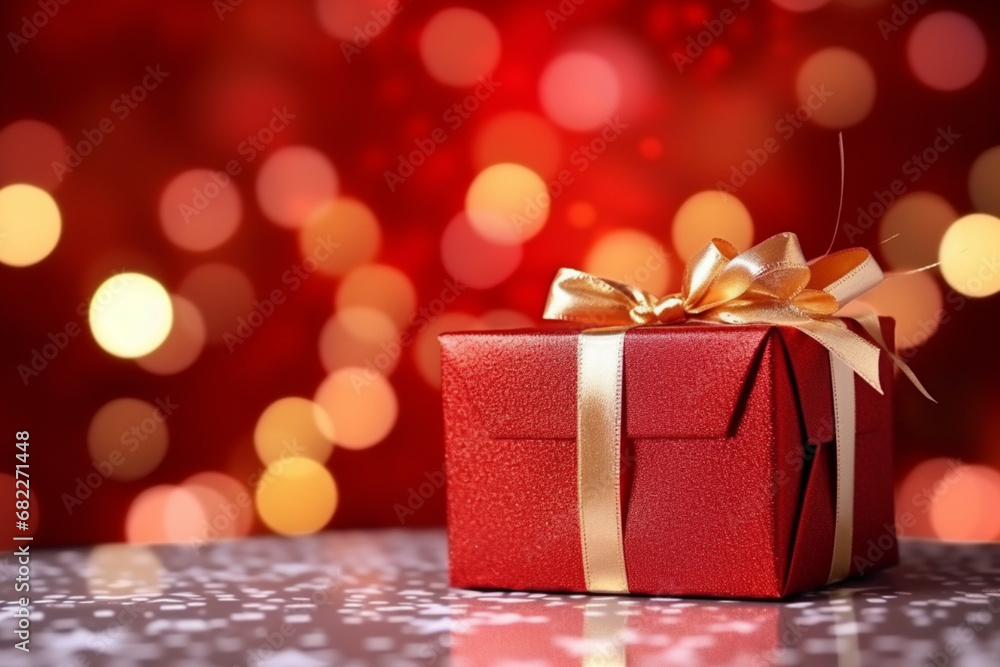 Red gift box with Christmas ornament on red background Red gift box with Christmas ornament on red background